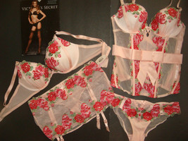 Victoria&#39;s secret 34B,36B,34D,36C BRA SET+garter+CORSET bustier embroider Roses - £334.94 GBP