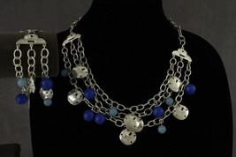 Costume Jewelry Sand Dollar Blue Beaded Beachy Silver Tone Necklace &amp; Bracelet - £14.23 GBP