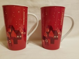 PAIR Starbucks Tall Coffee Tea Mug 2013 16 oz Red Christmas Holiday Red Village - £15.56 GBP