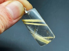 Gold Rutilated Quartz Crystal Pendant Rectangle Jewelry Gift E040316 - £88.90 GBP