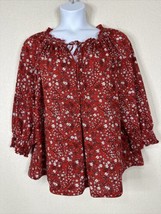 Max Studio Womens Plus Size 2X Red Floral Tie Neck Blouse 3/4 Sleeve Stretch - £14.41 GBP