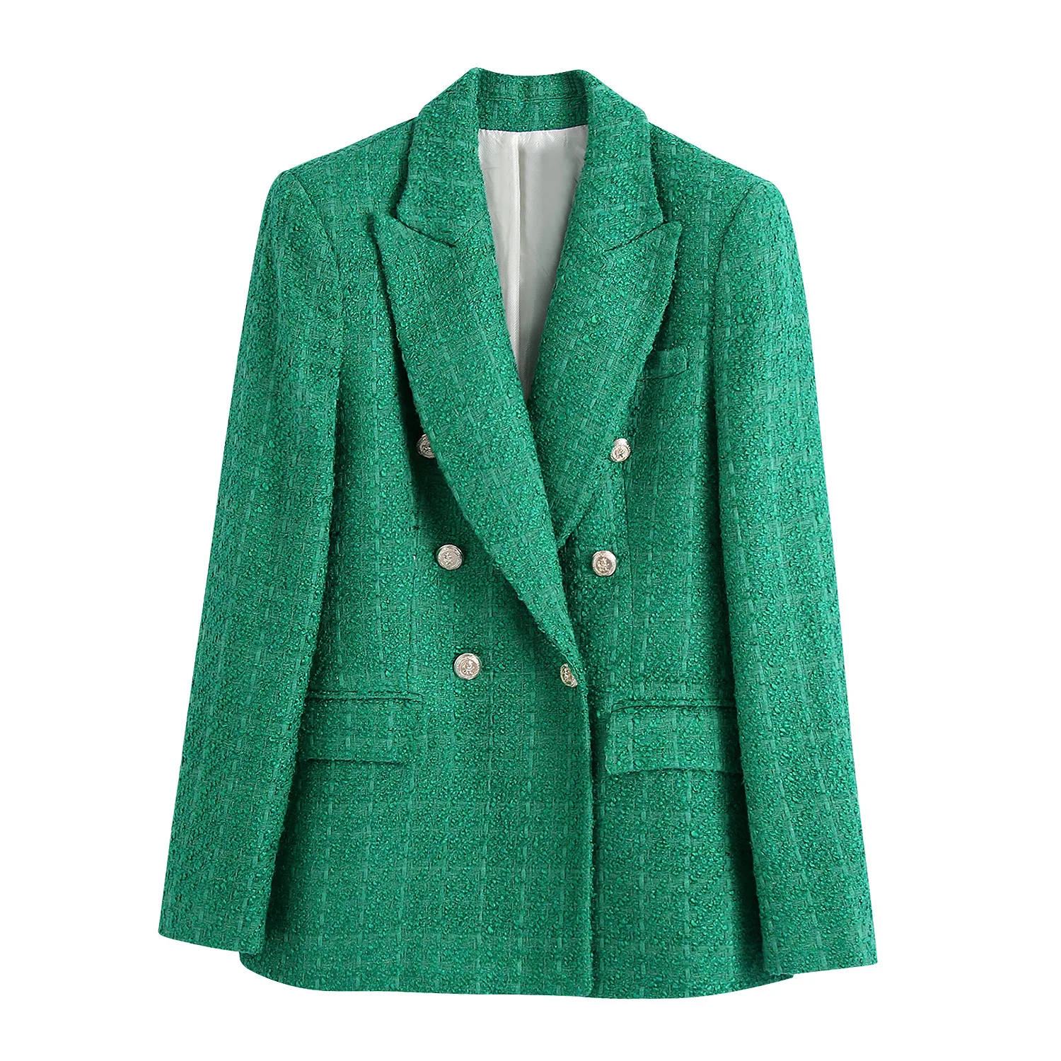 Women   Double Breasted Tweed Green Blazer Coat Vintage Long Sleeve Flap Pockets - £167.08 GBP