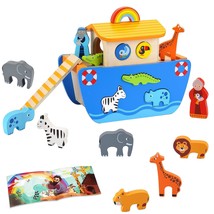 Toddlers Wooden Noah&#39;S Ark Toy Animal Playset, Baptism Gifts For 1 2 3 B... - £39.30 GBP