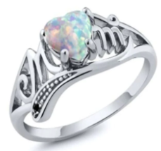 SILVER MOM OPAL HEART RING SIZE 4 5 6 7 8 9 10 11 - £31.89 GBP