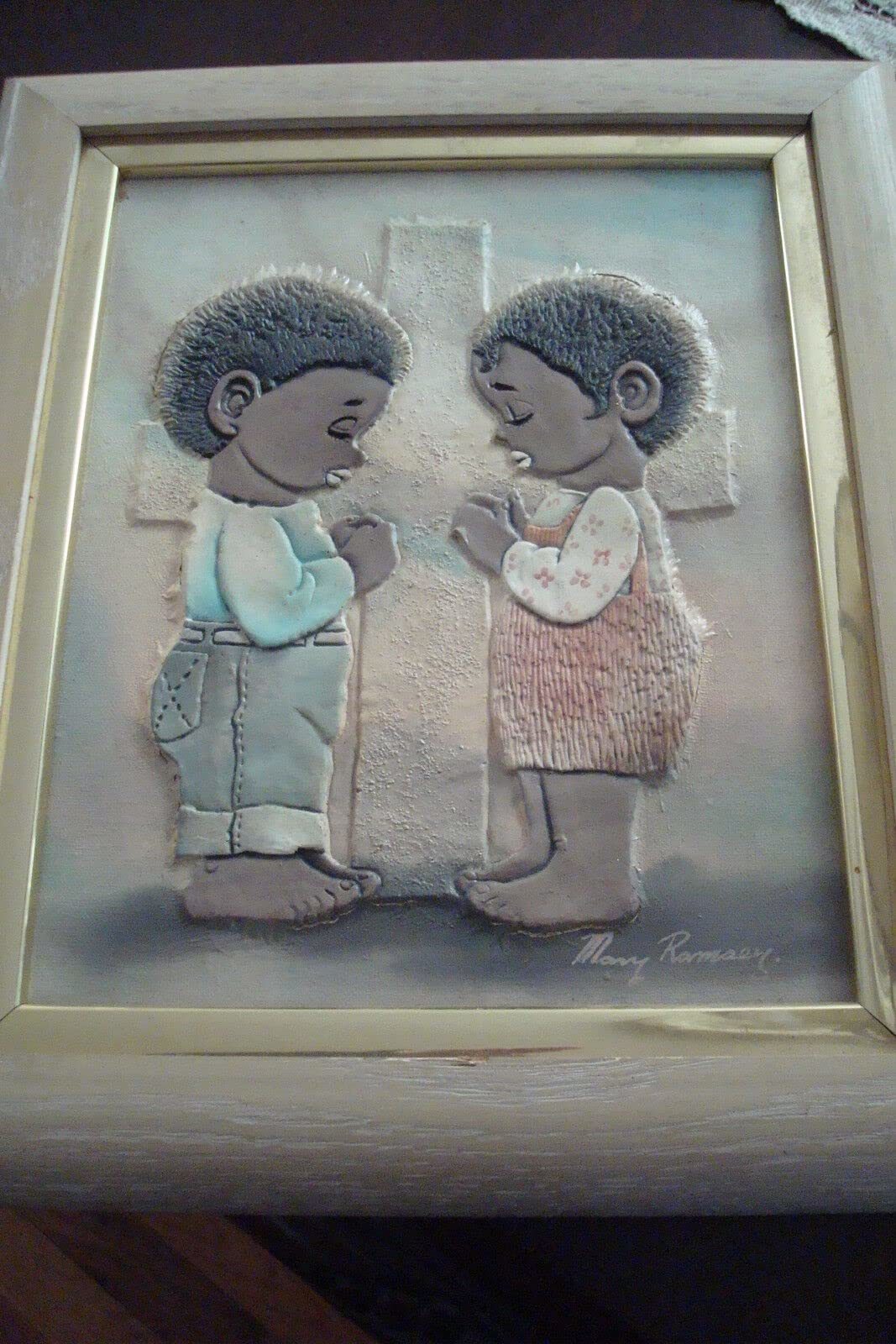 Mary Ramsey oil painting collage two young children praying, beautiful w... - $29.39