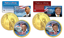 Trump &amp; Obama U.S Mint Colorized Presdiential $1 Dollar Coins + 3rd Coin Free - £11.92 GBP