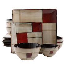 Gibson Elite Azeal 16 pc Square Double Bowl Dinnerware Set in Taupe &amp; Red - £77.72 GBP
