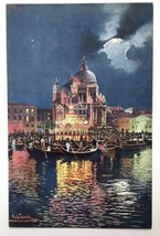 Venice Italy, Santa Maria Della Salute Church at Night, Vintage Artist PC - £7.81 GBP