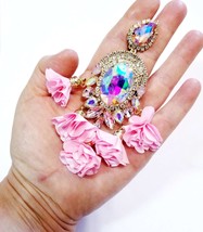 Oversized Chandelier Earrings, Rhinestone Crystal Earrings, Pink AB Drop Pageant - £46.66 GBP