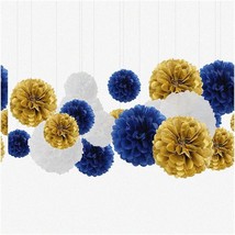 Party Pompom Perfection: Navy Blue Gold White Paper Pom Poms Kit for Memorable C - £28.49 GBP