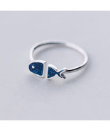 Geometric Black Enamel blue fish Adjustable Ring Minimalist  - £10.75 GBP