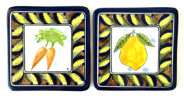 2 Hand Painted Pottery Tiles Mexico Carrots &amp; Lemon Trivets Hot Plates 6... - £34.23 GBP