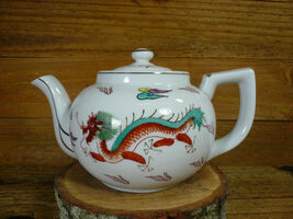 Chinese Teapot Famille Rose Hand Painted Dragons with Gold Accents - $22.49
