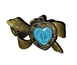 Blue Enamel Ribbon Bow Heart Virgin Mary Charm Cut-Outs Brooch Pin 1 1/2&quot; - £11.94 GBP