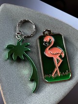 Lot of Stained Glass Pink Flamingo &amp; Green Aluminum Palm Tree Tropical Key Chain - £7.58 GBP