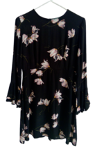 KARLIE Ladies Mini Dress Black w/Flowers Long Bell Sleeve Slight Flare NEW - £14.66 GBP