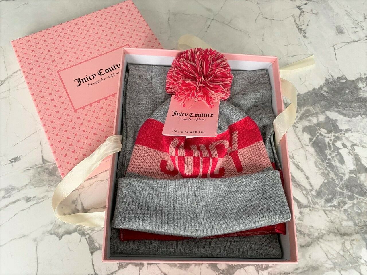 Juicy Couture Pom Knit Beanie Hat &amp; Scarf Grey/Pink - $89.07