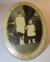 Early 1900s Old Photograph Little Girl and Brother on Metal Oval Frame - $9.49