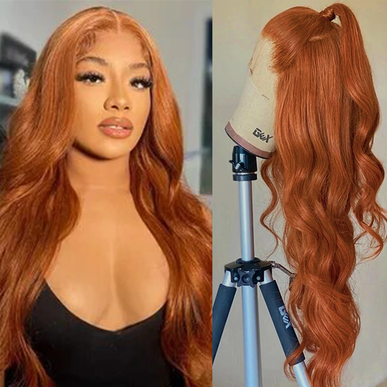 RONGDUOYI Body Wave Giner Orange Synthetic Lace Wig Long Wavy Natural Hairli - £46.40 GBP+