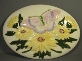 Ceramic Plaque Butterfly and Yellow Daisies Oval White5.5&quot; x 4&quot; Signed &#39;04 - £6.21 GBP