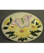 Ceramic Plaque Butterfly and Yellow Daisies Oval White5.5&quot; x 4&quot; Signed &#39;04 - £6.20 GBP