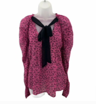 TopShop Cerise Pink and Black Floral Sheer V Neck Long Sleeve Blouse size 6 - £22.32 GBP