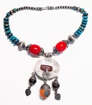 Vintage Tibetian Nepal Turquoise Copal Bead Necklace Cobra Pendant 19&quot; Long - £180.41 GBP