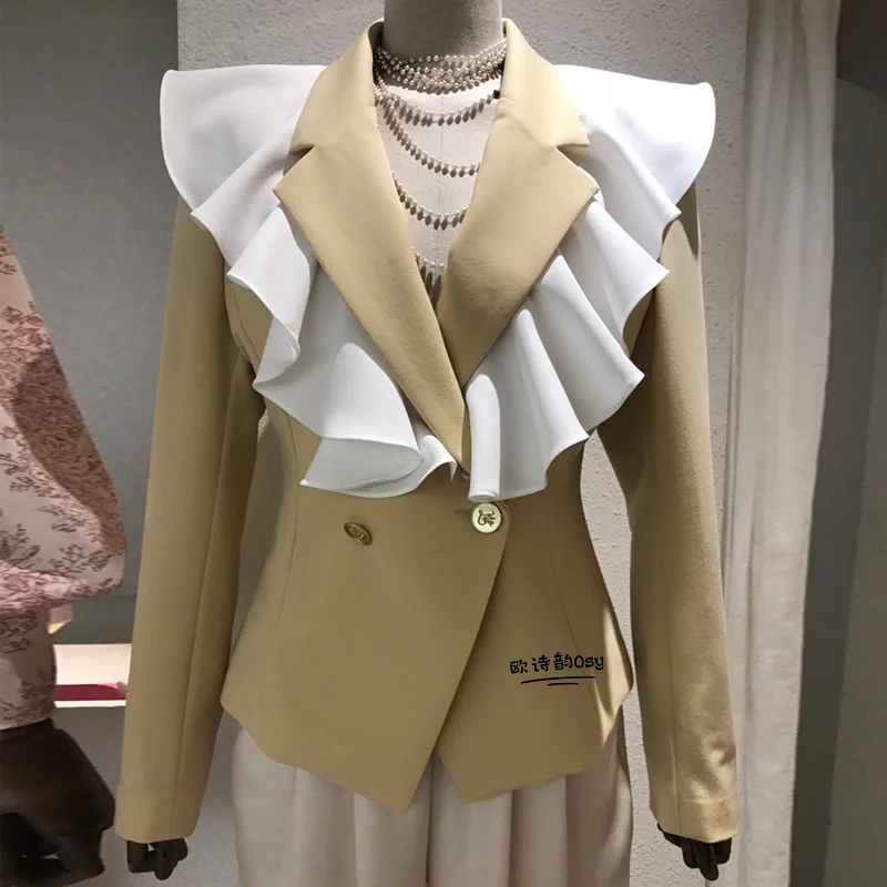 Suit Coat Women Ruffle Blazers Long Sleeve Double Breasted - $232.70