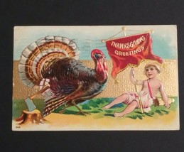 Thanksgiving Greetings Turkey Boy Ax Flag 1908 Embossed Antique 208 Postcard - £3.95 GBP