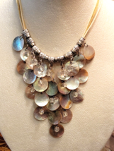 Yousi Mother of Pearl Fringe Disks &amp; Faceted bead Corded Necklace Designer - $22.20
