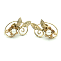 VAN DELL gold-filled pearl screw-back earrings - 12K yellow GF flower leaf vtg - £21.99 GBP