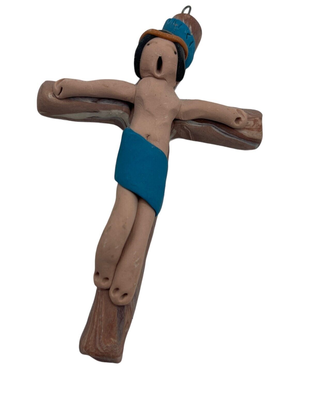 Cross Ceramic Clay Sculpture Folk Art 4&quot; Crucifix Religious Christian - $14.00