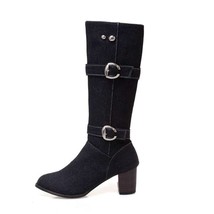 Women knee boots blue jeans cowboy booties chunky zipper buckle denim shoes mid- - £63.55 GBP