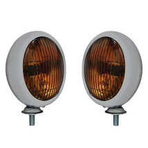 Chrome Vintage Amber 5&quot; Fog Light Housing &amp; Halogen H3 Bulb Glass Lens 6V Pair - £71.94 GBP