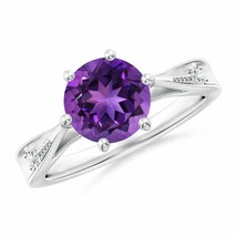 ANGARA 8mm Natural Amethyst Solitaire Ring with Diamonds in Sterling Silver - £214.57 GBP+