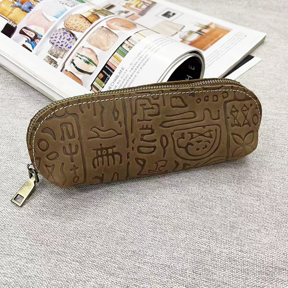All-Leather Storage Bag Pencil Case Crazy Horse Leather Embossed Retro Auspiciou