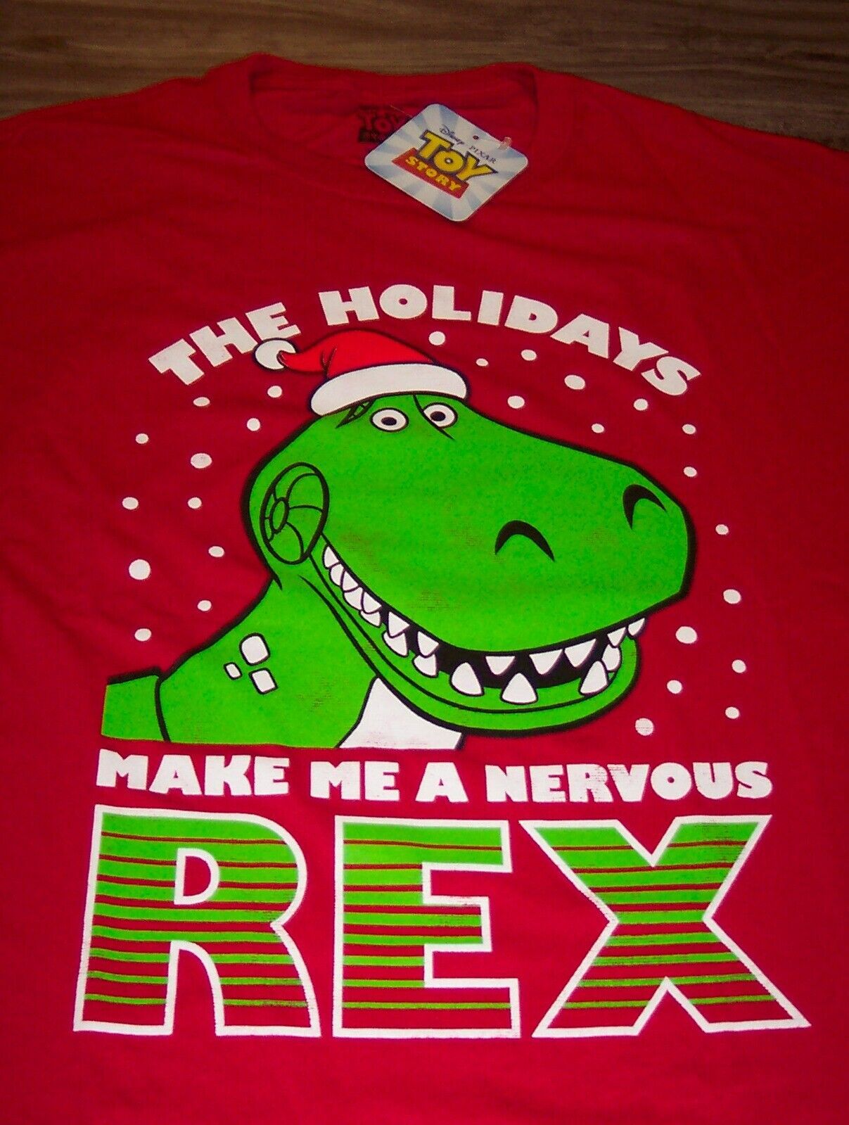Primary image for Walt Disney Toy Story REX Dinosaur IN SANTA HAT CHRISTMAS T-Shirt MEDIUM NEW