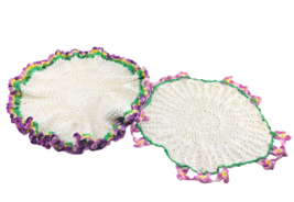 2 Purple and Yellow Vintage Doilies 13.5&quot; Cottagecore Handmade Crafts Fa... - $13.09