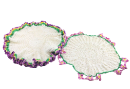 2 Purple and Yellow Vintage Doilies 13.5&quot; Cottagecore Handmade Crafts Farmhouse - £10.46 GBP