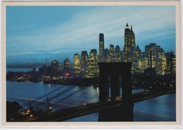 Brooklyn Bridge~Nightfall Over Lower Manhattan~New York City~Vintage Postcard - £3.60 GBP