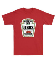 Catch Up With Jesus Ketchup Gildan Men&#39;s Red Cotton T-Shirt Tee Christian XL F1 - £14.16 GBP