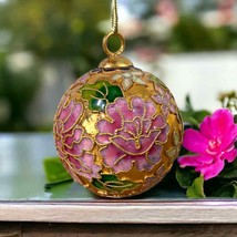 Christmas Round Ornament Cloisonne Vintage Cloisonné Pink Gold Painted Holiday - £23.74 GBP