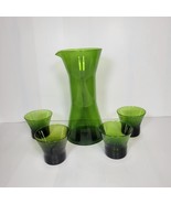 Mid Century Modern Green Cocktail Pitcher 4 Glasses, Hand Blown - £55.53 GBP