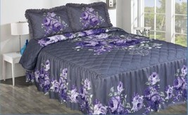 Alicia Flowers Purple Gray Decorative Bedspread Set With Rufles 3 Pcs Queen Size - £35.61 GBP