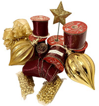 Gold And Burgundy Holiday Crafting Lot 150 Ft Ribbon Ornaments Star Garland - £23.59 GBP