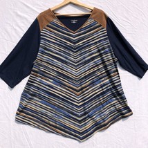 Catherines Navy Blue Tan Top Size 2X 22/24W Faux Suede Shoulders V Neck - £19.46 GBP