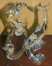 Art Glass 3 Dolphins on Ribbon Waves clear 4.75&quot;x3.75&quot;x3.5&quot; gold accent ... - $42.74