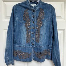 Coldwater Creek Women’s Jacket Blue Denim Sequins Large New Military Bro... - $23.76