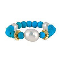 Elegant Fusion: 925 Sterling Silver Gold Plated Pearl and Turquoise Ring - £21.64 GBP