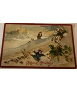 Vintage Victorian Children Sledding Christmas Greetings Postcard - $5.99